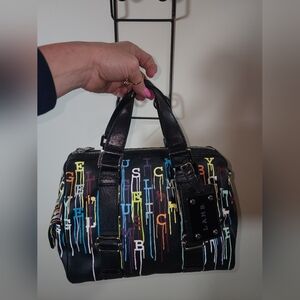 LAMB Leather Black Paint Splatter Satchel Purse L.A.M.B. Buckle Barrel Bag
